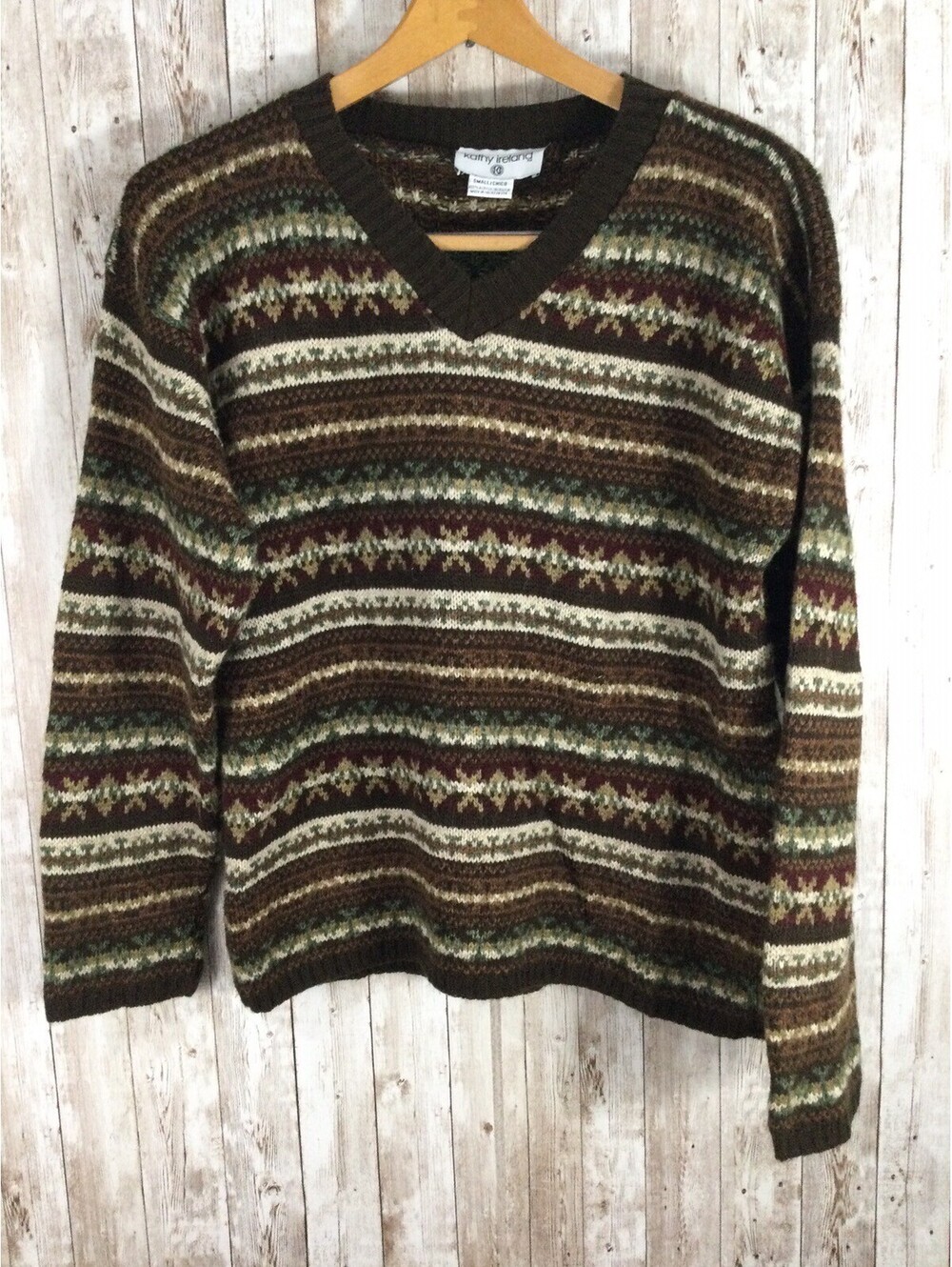 Kathy Ireland V Neck Sweater Women's Earthy Tones Knit Vintage USA Made
